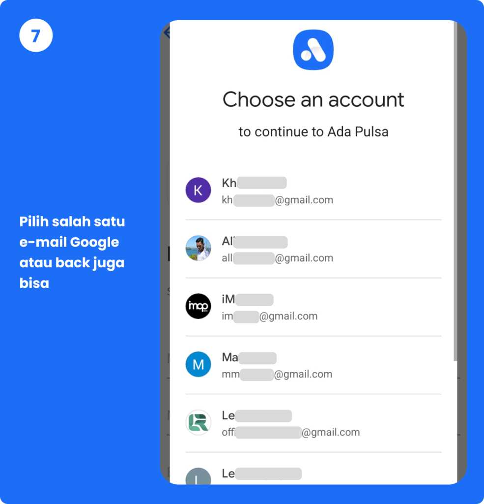 Pilih salah satu e-mail Google atau back juga bisa - Ada Pulsa
