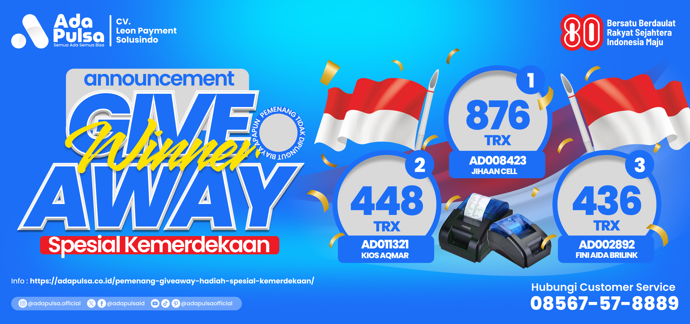 PEMENANG GIVEAWAY SPESIAL KEMERDEKAAN COVER APP - ADA PULSA